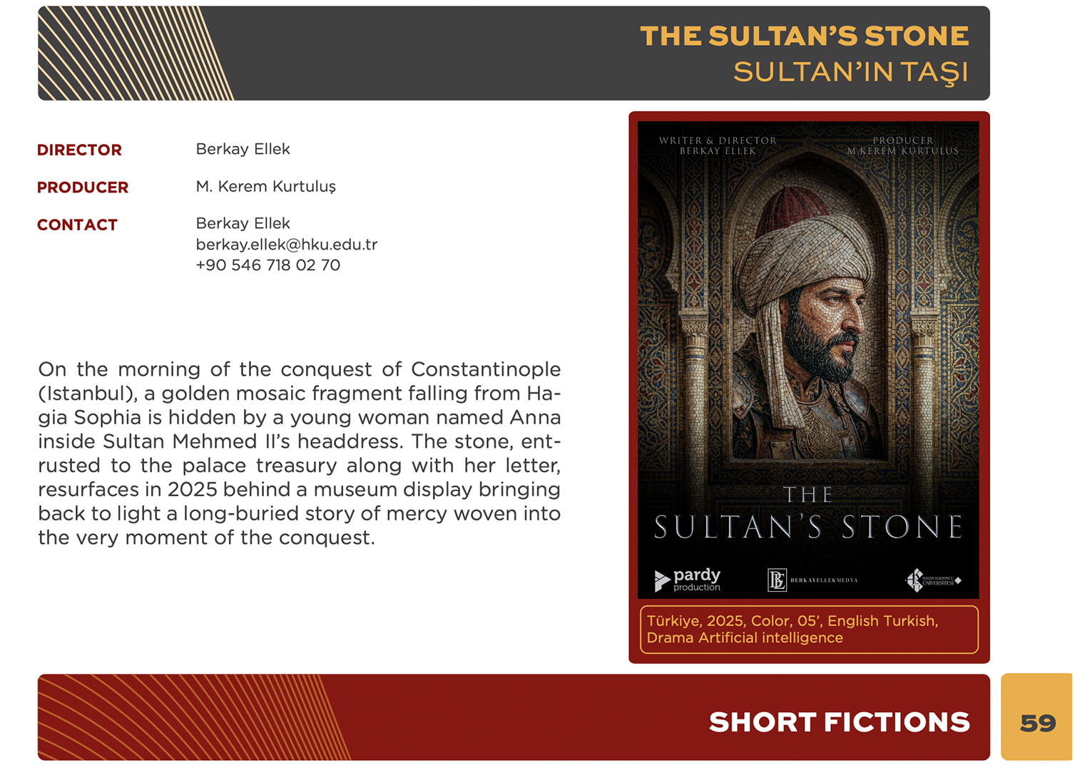HKÜ mezunu Berkay Ellekin in yapay zeka ile urettigi The Sultans Stone (Sultanin Tasi) kisa film tanitim karti, yonetmen v...